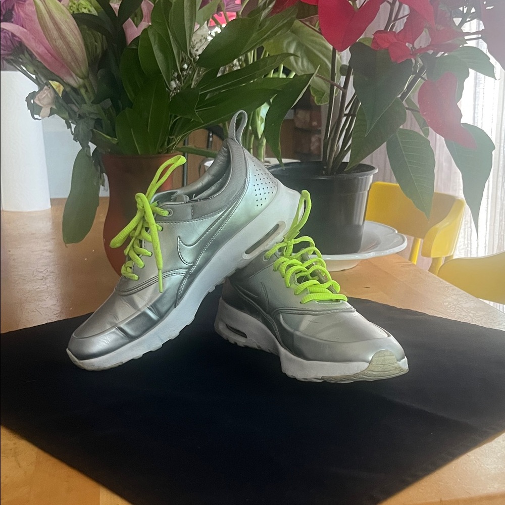 Nike Metallic Silver Sneakers with Bright Green Laces